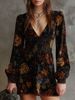 Floral Print V-Neck Velvet Dress Sexy Fitted Waist Long Sleeves Short Skirt New_ecoleips.com
