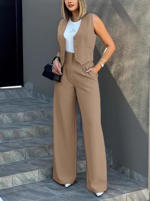 Stylish Women's Waistcoat & Wide-Leg Pants Set - Comfortable Office & Casual Outfit For Chic Everyday Wear_ecoleips.com