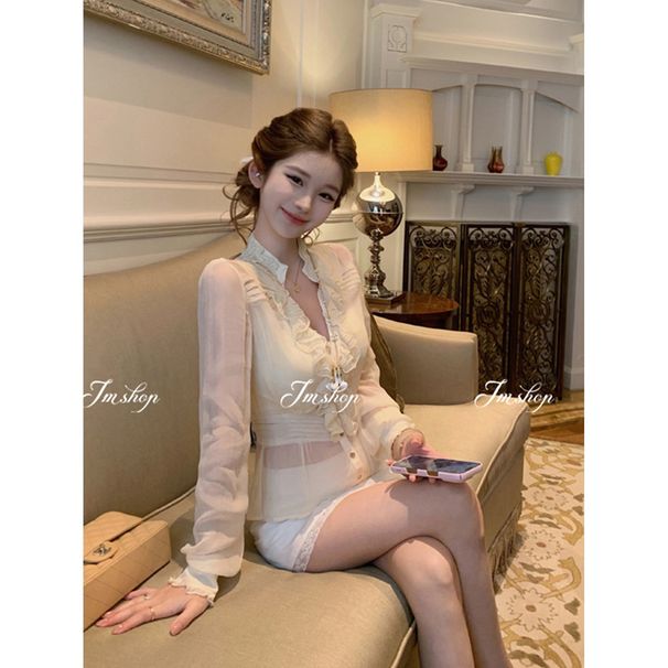 Sena Holiday Ruffled Chiffon Blouse With Pleated Stand Collar And Long Sleeves + Lace Trimmed Skirt Set_ecoleips.com