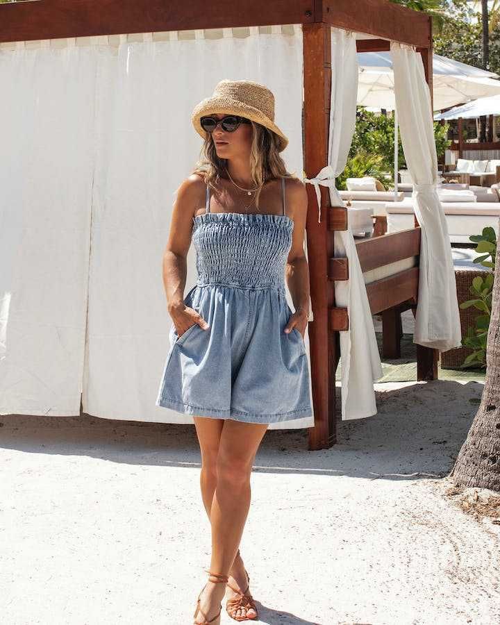 Women's Clothing Summer New Solid Color Waist Suspenders Women's Denim Jumpsuit Shorts_ecoleips.com
