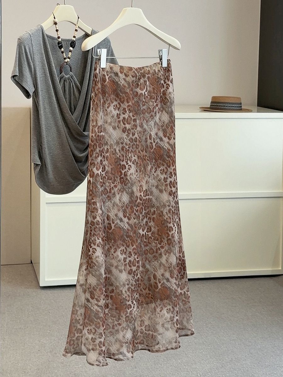 Retro Gold Leopard Print Midi Skirt High End Slimming Fishtail A-Line Flowing Bodycon Long Skirt for New Summer Style Women_ecoleips.com
