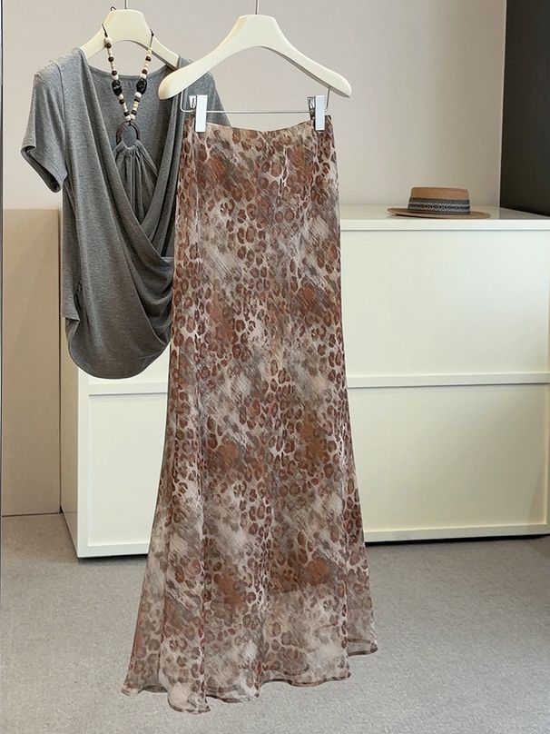 Retro Gold Leopard Print Midi Skirt High End Slimming Fishtail A-Line Flowing Bodycon Long Skirt for New Summer Style Women_ecoleips.com