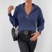 Women's Clothing Zip-Up Polo Neck Knit Sweater - Breathable Polyester Blend Casual Pullover With Ribbed Detailing_ecoleips.com