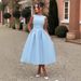 Women's Clothing Round Neck Cinching Full Skirt Elegant Summer Backless Maxi Dress With Round Neck, Wrap Waist & Flowy A-Line Skirt - White, Blue_ecoleips.com