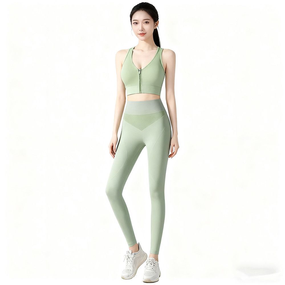 2025 New Set: High-Waisted Slimming Tight Sports Bra With Front Zipper And Fitness Yoga Pants Two-Piece Set_ecoleips.com
