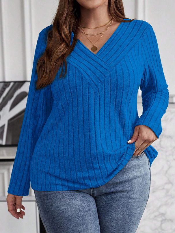 Oversized Ribbed Long-Sleeve T-Shirt – Cross V-Neck Pullover With Brushed Interior, Fall & Winter Essential (1XL-5XL)_ecoleips.com