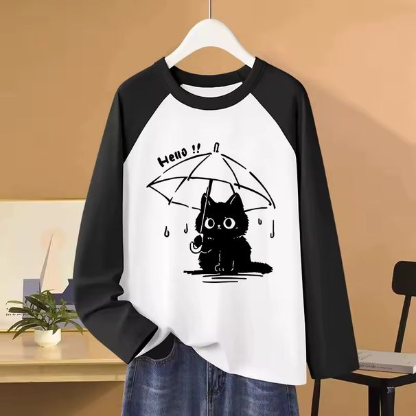 Women's Casual Long Sleeve T Shirt With With Cute Cartoon Cat Print All Seasons Tshirt Graphic T-Shirt Women's Vintage Tees Tops_ecoleips.com