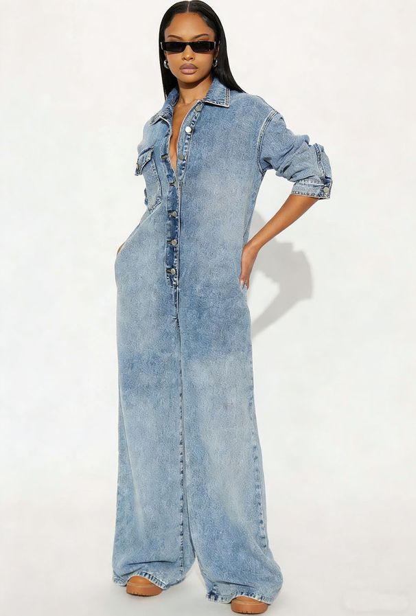 Women's Denim Jumpsuit Button Front Long Sleeve Bodysuit European American Style_ecoleips.com