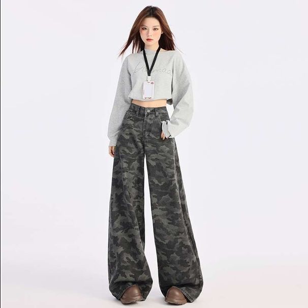 American-style High-waisted Camouflage Wide-leg Jeans Women, Loose Slimming Straight Pants Spring And Autumn, Available_ecoleips.com