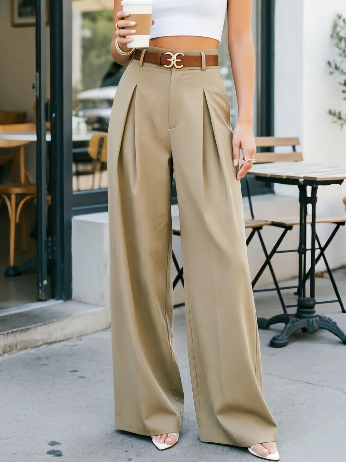 Women's High-End Belted Straight Leg Trousers Solid Color Casual Wide Leg Long Trousers_ecoleips.com