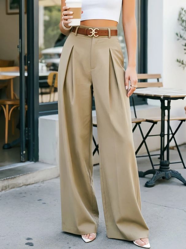 Women's High-End Belted Straight Leg Trousers Solid Color Casual Wide Leg Long Trousers_ecoleips.com