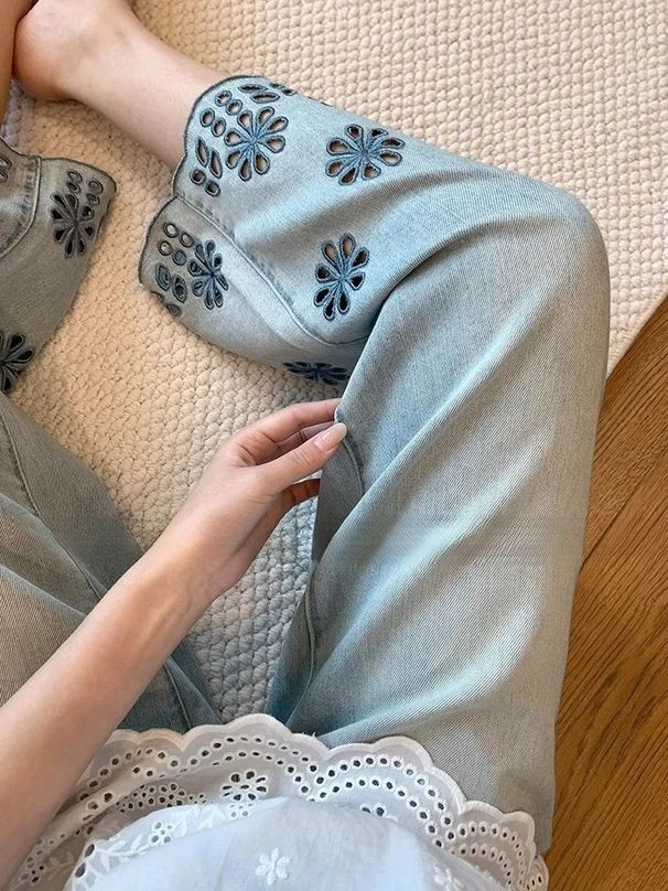 Tencel Hollow Flower Embroidery Straight Jeans Women's Autumn Thin Large Size High Waist Skinny Wide Leg Nine-point Pants_ecoleips.com