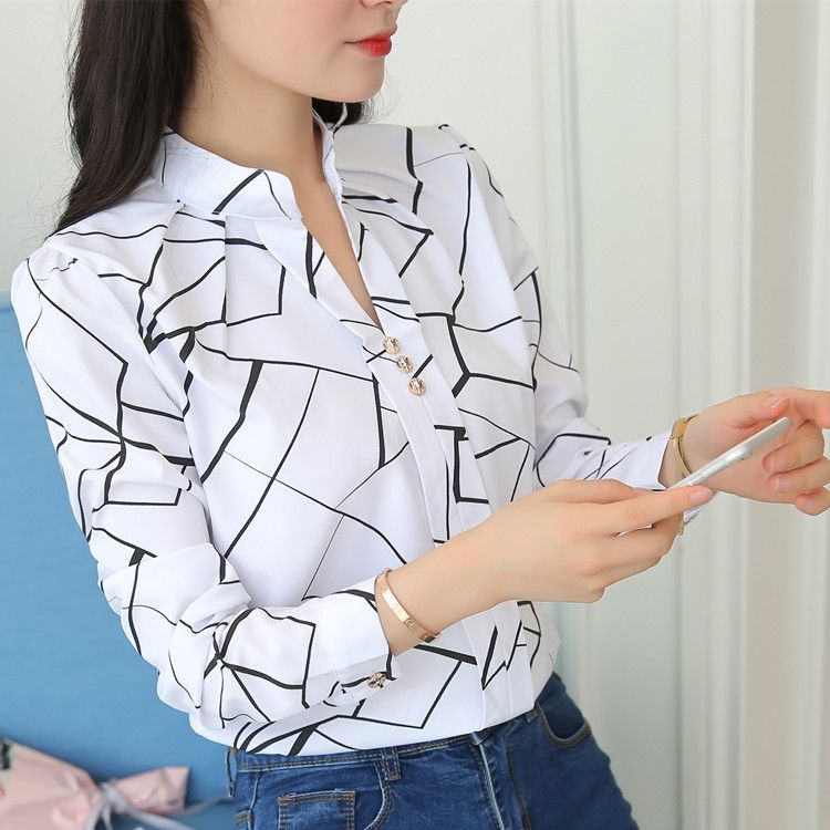 2025 Loose Striped Stand Collar Shirt Long Sleeve White Women's Summer Autumn New Top Printed_ecoleips.com