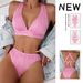 Summer New Women's Sexy Halter Neck Bikini Swimwear Solid Color Strap Split European American Style 2025 Cross Border Design_ecoleips.com
