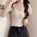 Summer Design Sense One-word Neck Mesh Stitching Off-shoulder Knitted Sweater Women's Short-sleeved T-shirt Vest_ecoleips.com