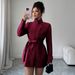 Women’S Elegant High-Neck Button-Down Coat – Long Sleeve Belted Trench, Minimalist Fall/Winter Outerwear_ecoleips.com