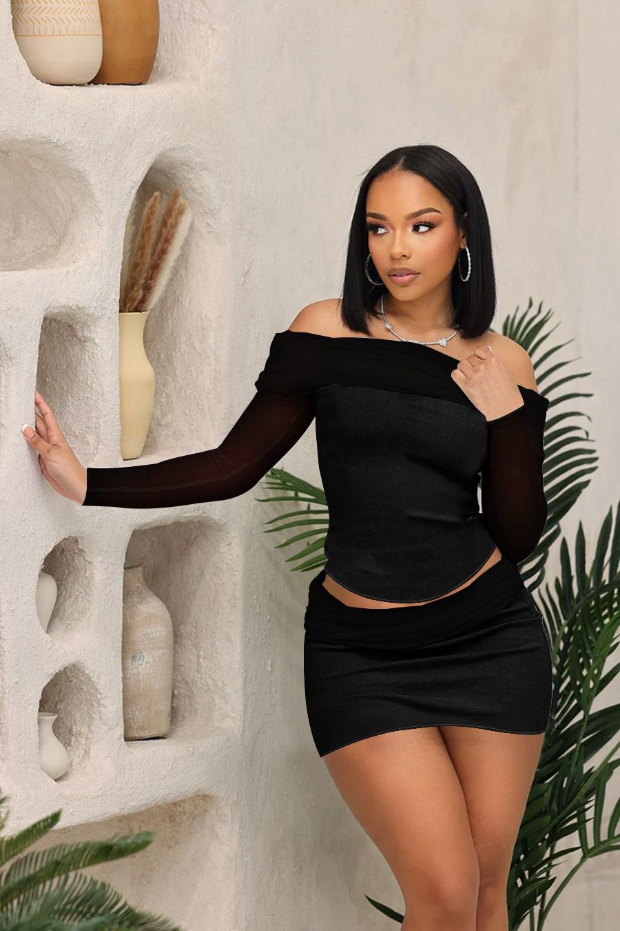 Women's Mesh Panel Casual Dress Set 2-Piece Outfit Long Sleeve Short Skirt Combo For Work & Daily Wear_ecoleips.com