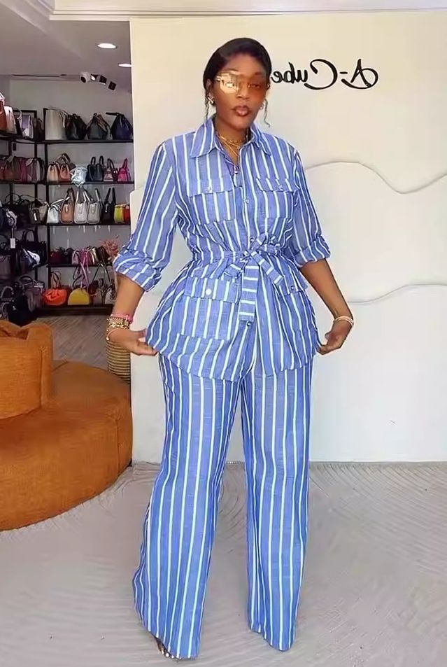 Women's Stripe Lapel Shirt & High-Waisted Wide-Leg Pants Set – Spring Casual Outfit (Blue/Pink/Coral, Sizes S-XXL)_ecoleips.com