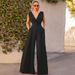 Women's Clothing Slim Fit One Piece High Waist Wide Leg Pants V Neck Polyester Fabric Long Straight Cut_ecoleips.com