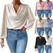 Women's Clothing Elegant Textured Chiffon Blouse Long Sleeved Pleated Lantern Sleeve Top For Spring/Autumn_ecoleips.com