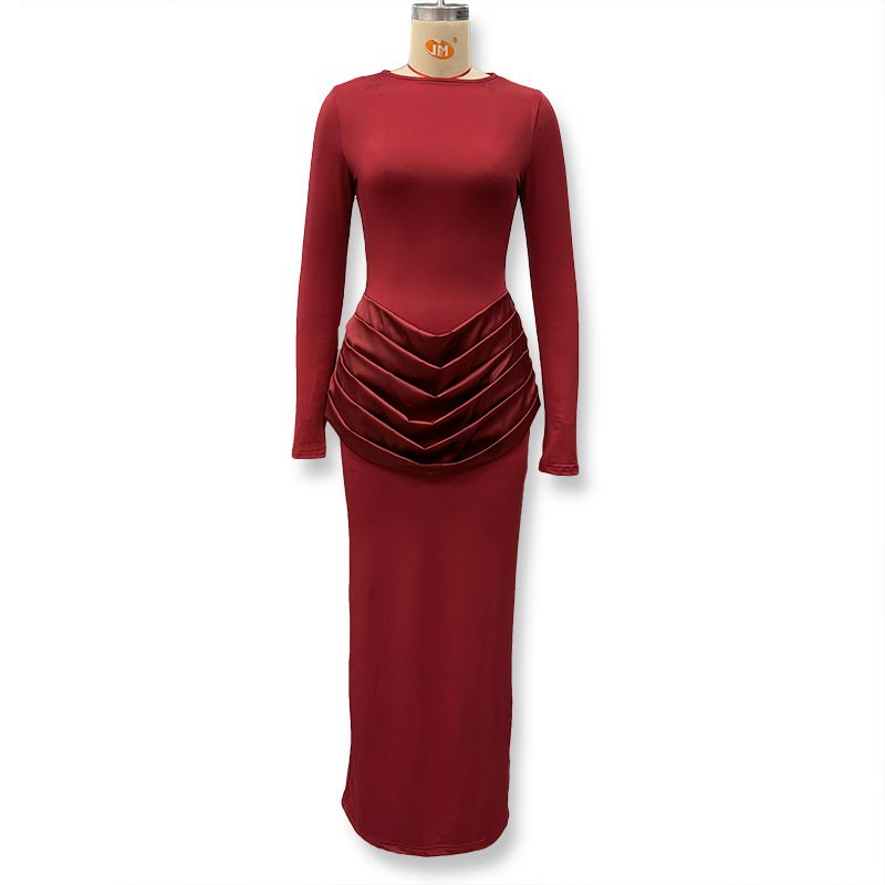 Women's Clothing Elegant Slim Fit Long Sleeved Pleated Bodycon Dress For Women Style Solid Color Autumn Winter Dress_ecoleips.com