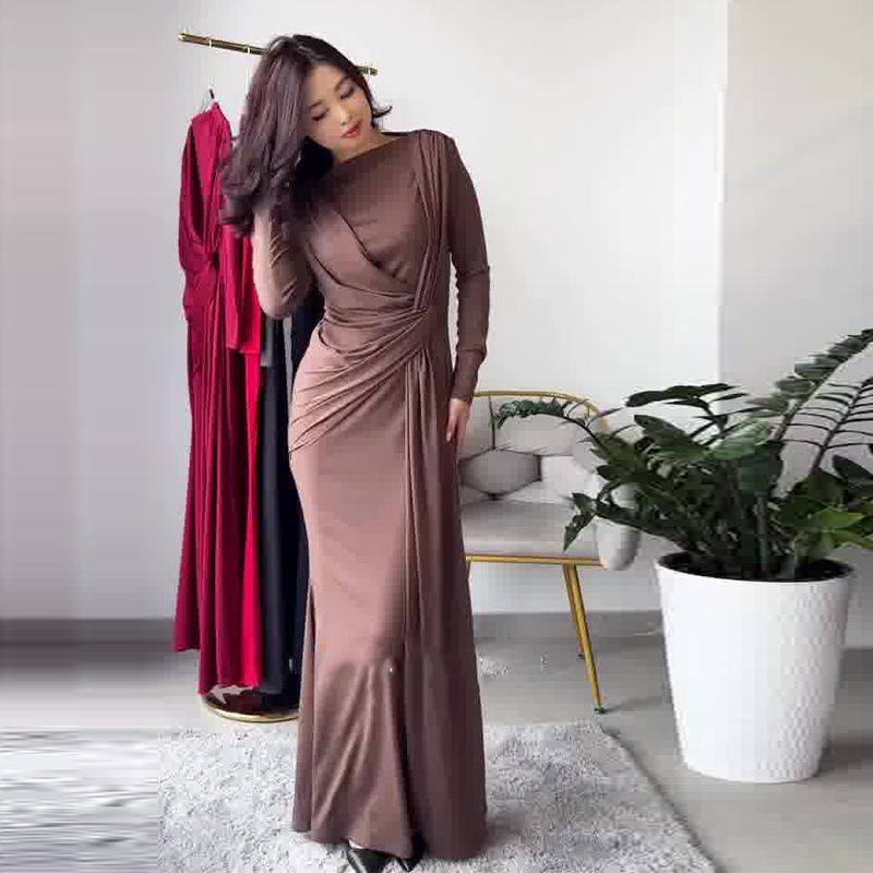 Sexy Fashion Women's round Neck Dress Slim Fit Solid Color European American Style Cross Pleated Waist Temperament Dress_ecoleips.com