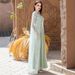 Women's Clothing Middle Eastern Mint Green Long Dress Handmade Diamond Embellished Flowing Cape Arabian Elegant Dress_ecoleips.com