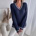 Oversized V-Neck Cable Knit Sweater - Textured Rayon Blend Pullover For Women (S-XL, Classic Blue)_ecoleips.com