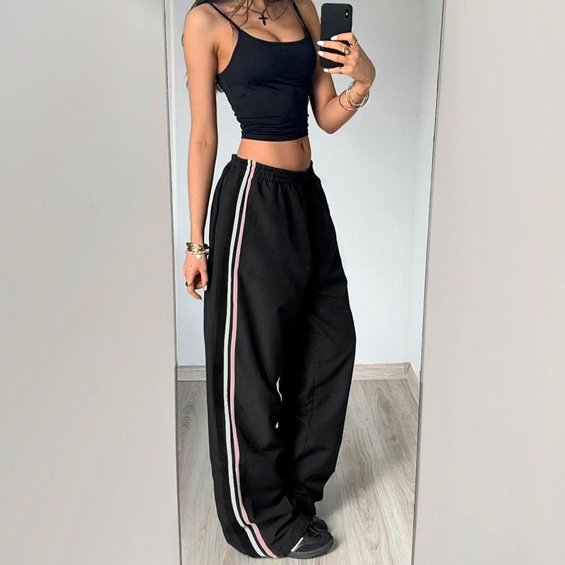 Color Blocked Straight Leg Casual Pants Elastic Waist Versatile Slimming Long Trousers American Hot Girl Street Style Sporty Women's Bottoms_ecoleips.com