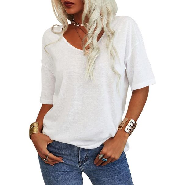Women's T-Shirt V-Neck Short Sleeve Loose Shirt Casual Solid Color Basic Top_ecoleips.com