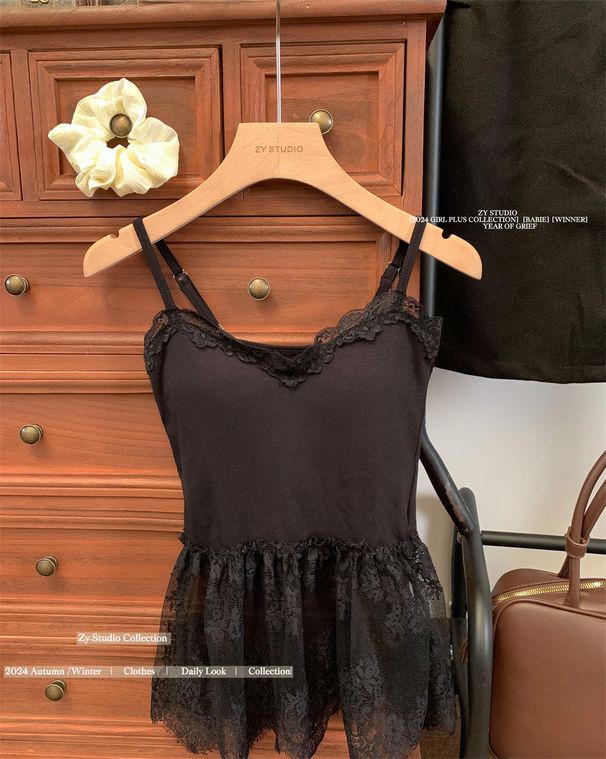 High Grade Layered Slimming Hot Girl Lace Unique Waist Suspender Dress Short Skirt Bottoming Shirt Sleeveless Top_ecoleips.com