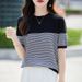 2026 Summer New Women 100% Cotton Knit Striped Round Neck T-Shirt Women Clothing Tops Short Sleeve Sweater Casual Basic Pullover_ecoleips.com
