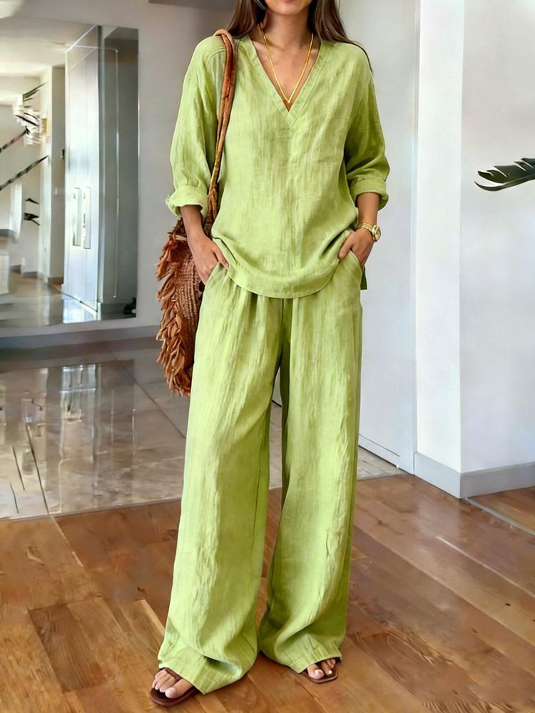 Women's Casual V-Neck Long Sleeve Top & Pants Set - Soft Washed Cotton Comfort Outfit In Multiple Colors_ecoleips.com