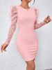 Women's Clothing Mesh Splicing Petal Sleeve Dress Solid Color Slim Hip Skirt_ecoleips.com