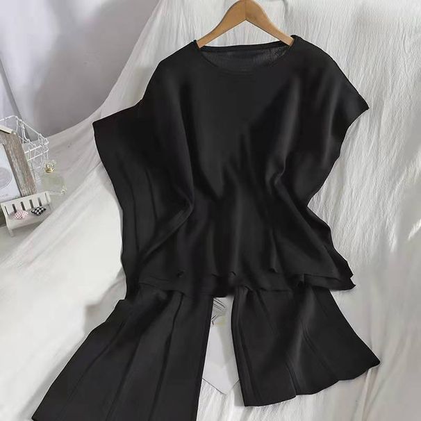 Women's Clothing Summer New Solid Color Sleeveless Vest Sweater Wide Leg Nine Point Trousers Suit Thin Ice Silk Two Piece Suit Female Trend_ecoleips.com