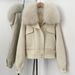 Women's Double-Faced Wool Coat With Removable Raccoon Fur Collar – Short Workwear Style (White Oats, Black, Greyish, Burgundy, Brown, White_ecoleips.com