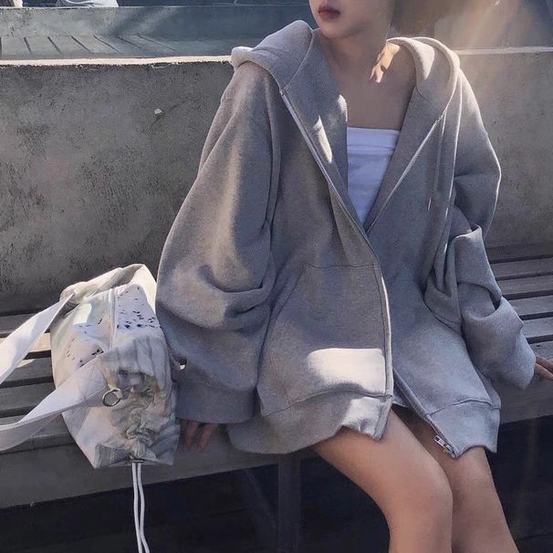 Gray Hooded Sweatshirt For Women New Loose Fleece Casual Sports Jacket Spring Autumn Long Sleeve Zipper Cardigan Top_ecoleips.com