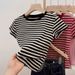 Retro Hong Kong Style Women's T-Shirt Color Blocked Striped Slim Fit Short Sleeve Versatile Top for Spring/Autumn Summer_ecoleips.com