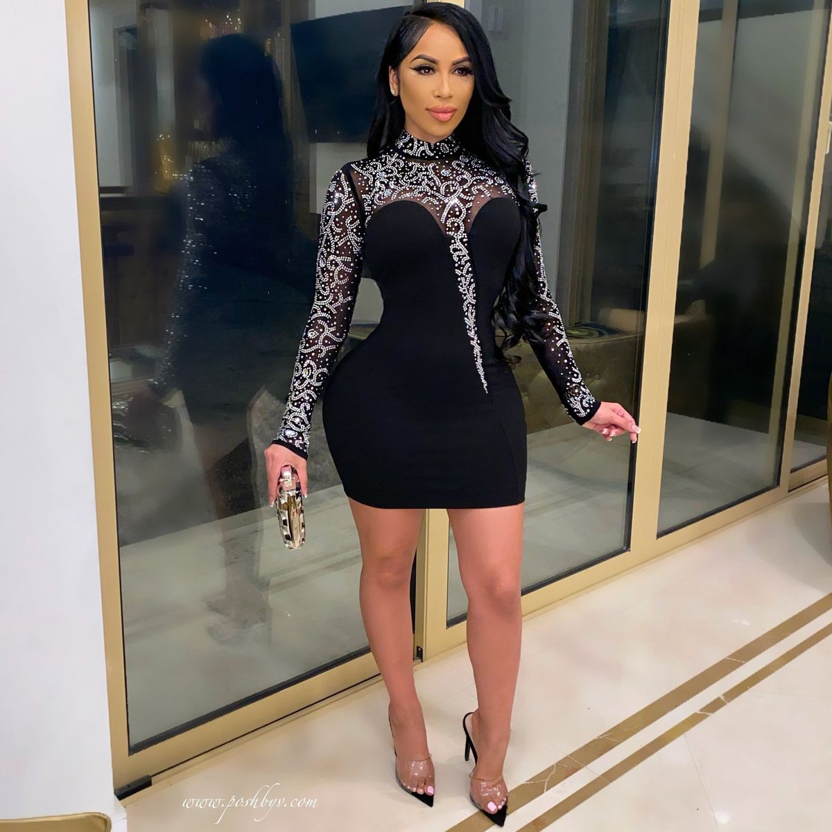 Women's Clothing sexy see-through hot diamond dress women's A-line hip skirt_ecoleips.com
