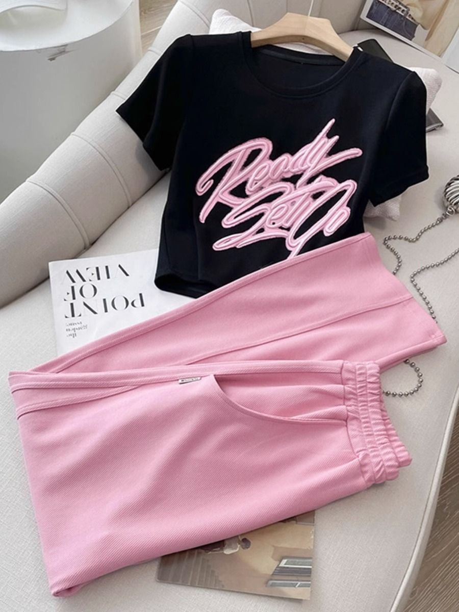 Trendy Casual Sportswear Set – Slim Fit Top & Flowy Pink Pants (Geometric Embroidery, M-XXL)_ecoleips.com