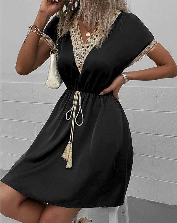 Women's Clothing Solid Color Short Sleeved Lace V Neck Waist Dress_ecoleips.com