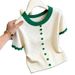 Spring/Summer Women's French Style Knit Sweater Diamond Pattern Hollowed Out Design Ruffled Trim Slim Fit Short Sleeve Top_ecoleips.com