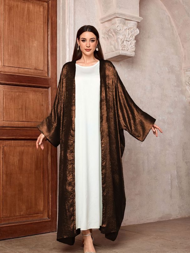 Women's Clothing Long Muslim Outerwear Gold Embossed Elegant Gown Polyester Fabric Batwing Sleeve Dress_ecoleips.com
