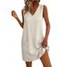 Women's V Neck Sleeveless Cotton Linen Dress European And American Style 2026 Loose Casual Solid Color a Line Skirt_ecoleips.com