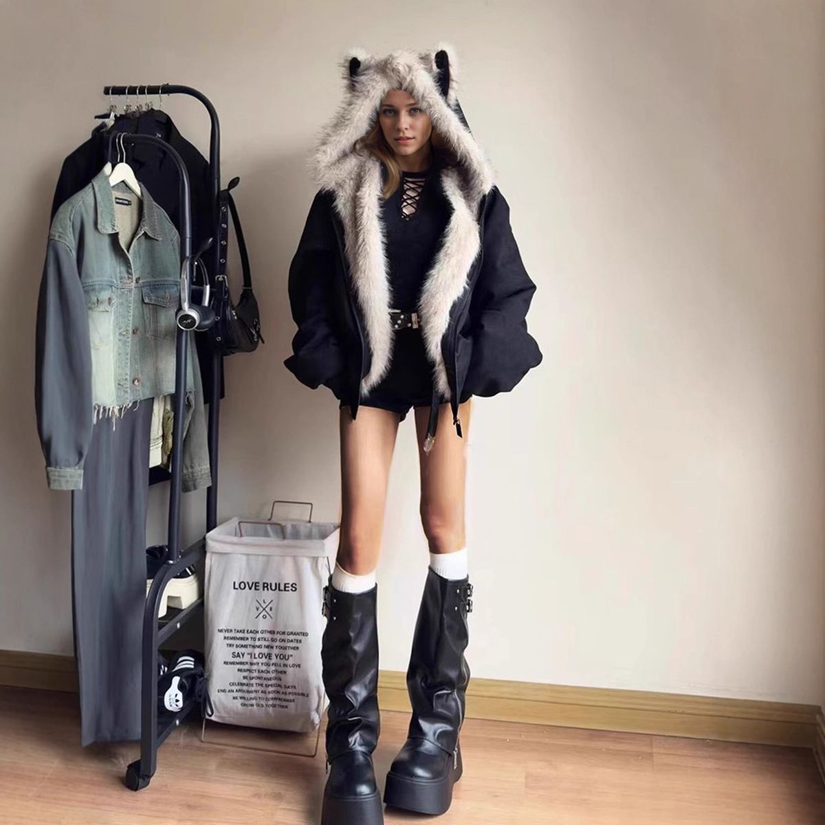 Style Mountain Carving Furry Fur Collar Cotton Jacket Fleece Thickened Jacket_ecoleips.com