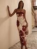 Elegant Floral Print Bodycon Skirt French Red Patchwork Suspender Dress Style Summer Fashion For Women_ecoleips.com