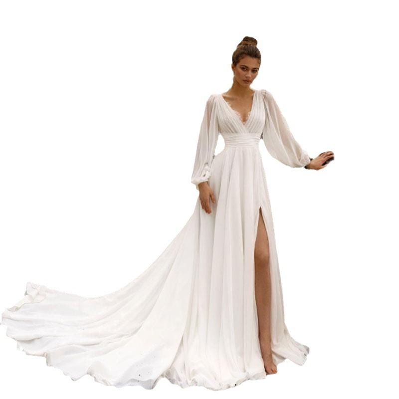 Elegant V-Neck Long Sleeve Chiffon Wedding Dress With Small Train – Boho Beach Bridal Gown For Photoshoot, Flattering High Waist(US2-26W, Ivory/White)_ecoleips.com
