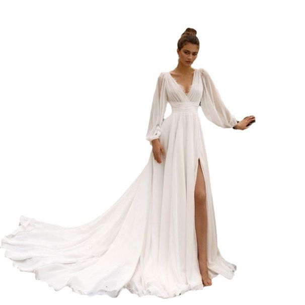 Elegant V-Neck Long Sleeve Chiffon Wedding Dress With Small Train – Boho Beach Bridal Gown For Photoshoot, Flattering High Waist(US2-26W, Ivory/White)_ecoleips.com