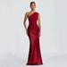 Women's Clothing Elegant One Shoulder Asymmetrical Neckline Pleated Satin Long Dress Style High Waisted Slim Fit Bodycon_ecoleips.com