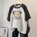 Raglan round Neck Short Sleeved T-Shirt American Retro Style Loose Fit Gray Unique Design New Summer 2024 Women's Top_ecoleips.com